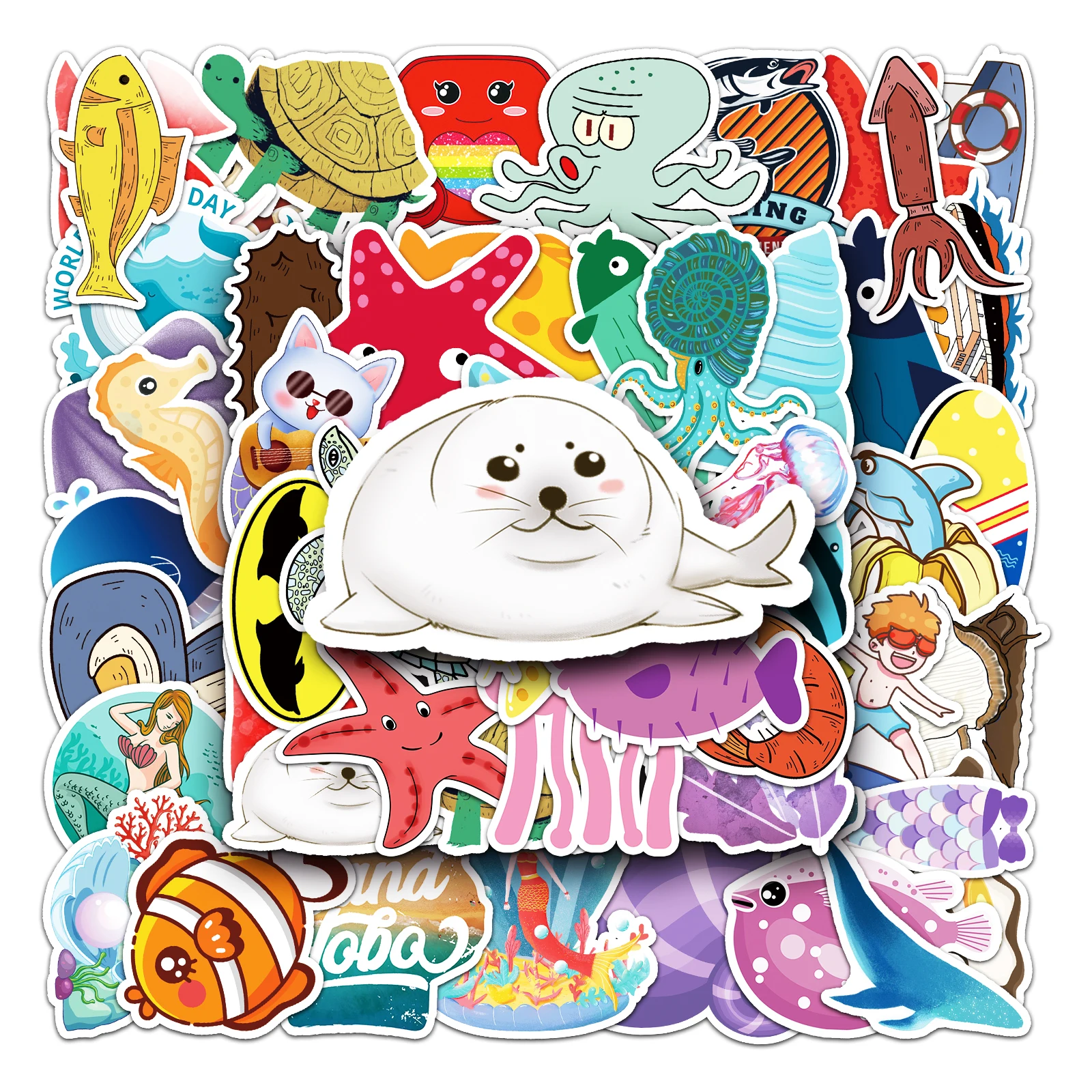 50Pcs Ocean series Cartoon Cute Waterproof Sticker Skateboarding Snowboard Retro Vinyl Sticker