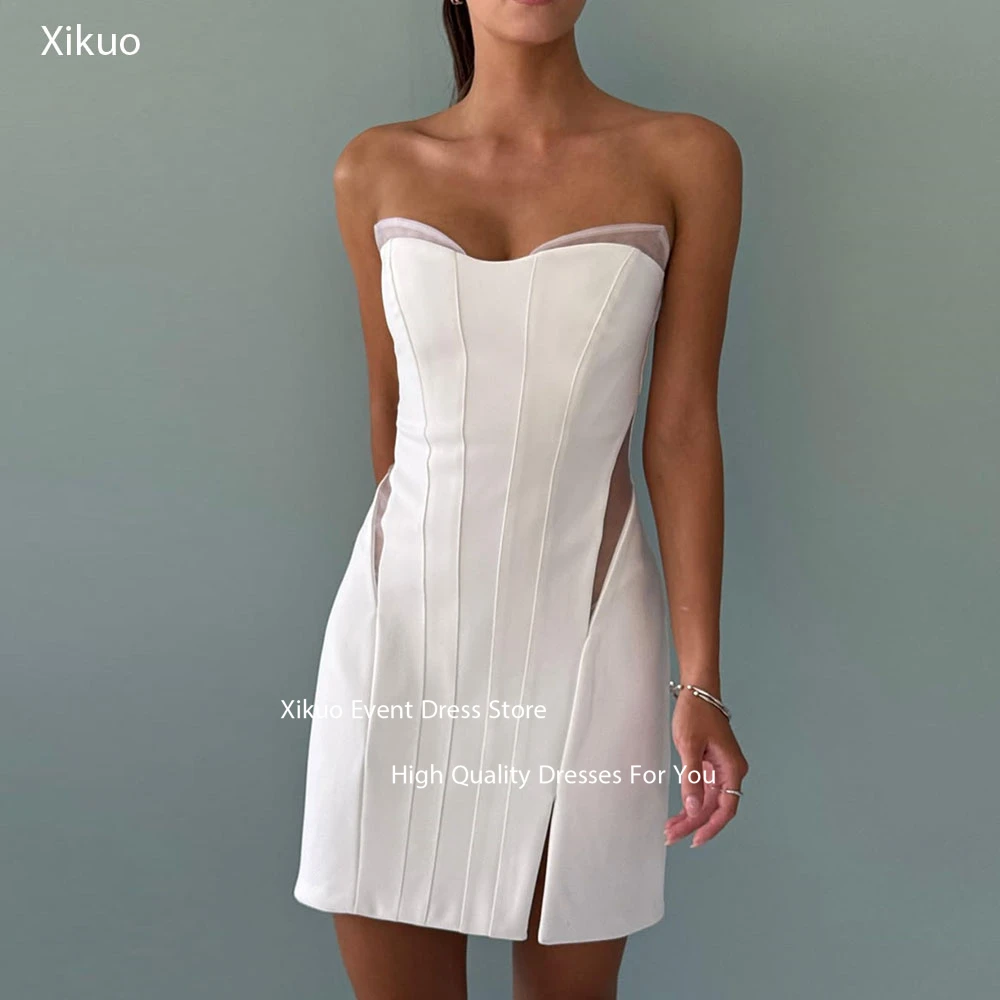 Xikuo White See Through Prom Gowns Above Knee Slit Vestidos De 15 Quinceañera Sweetheart Sleeveless Birthday Dress Customized