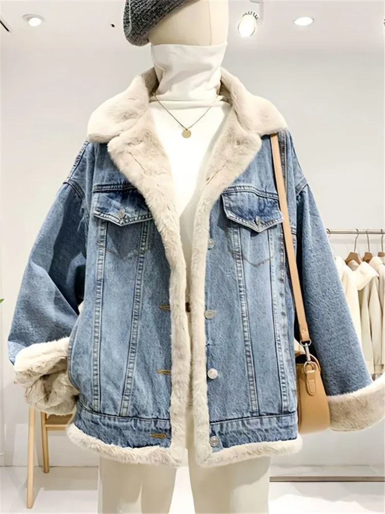 Imagem -03 - Cabolsa Jeans com Botões Jaqueta Jean Patchwork Outerwear Veludo de Pelúcia Parka Grossa Quente Ambos os Lados Estilo Coreano Inverno