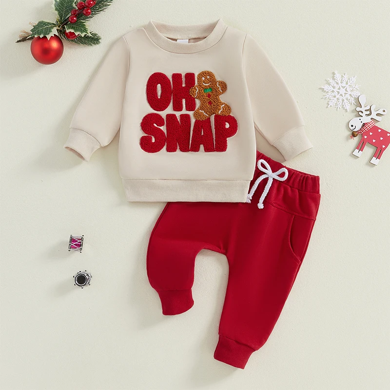 FOCUSNORM 0-3Y Casual Baby Boys Christmas Clothes Sets 2pcs Long Sleeve Gingerbread Embroidery Sweatshirt and Pants