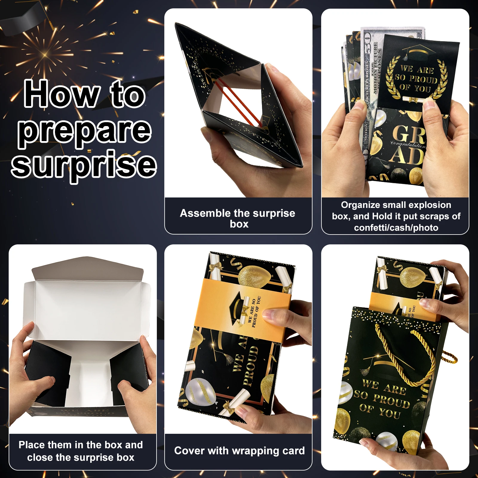 16Pcs Graduation Exploding Money Gift Box Black Glod Congrats Bouncing Surprise Cash Pop-Up Box Grad Cash Gift Idea for Congrats