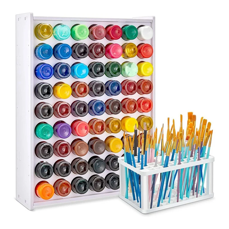 63Holes Craft Paint Storage Organizer With Paintbrush Stand Wall Mounted Paint Rack For 2Oz Craft Paints Bottle Art Desk