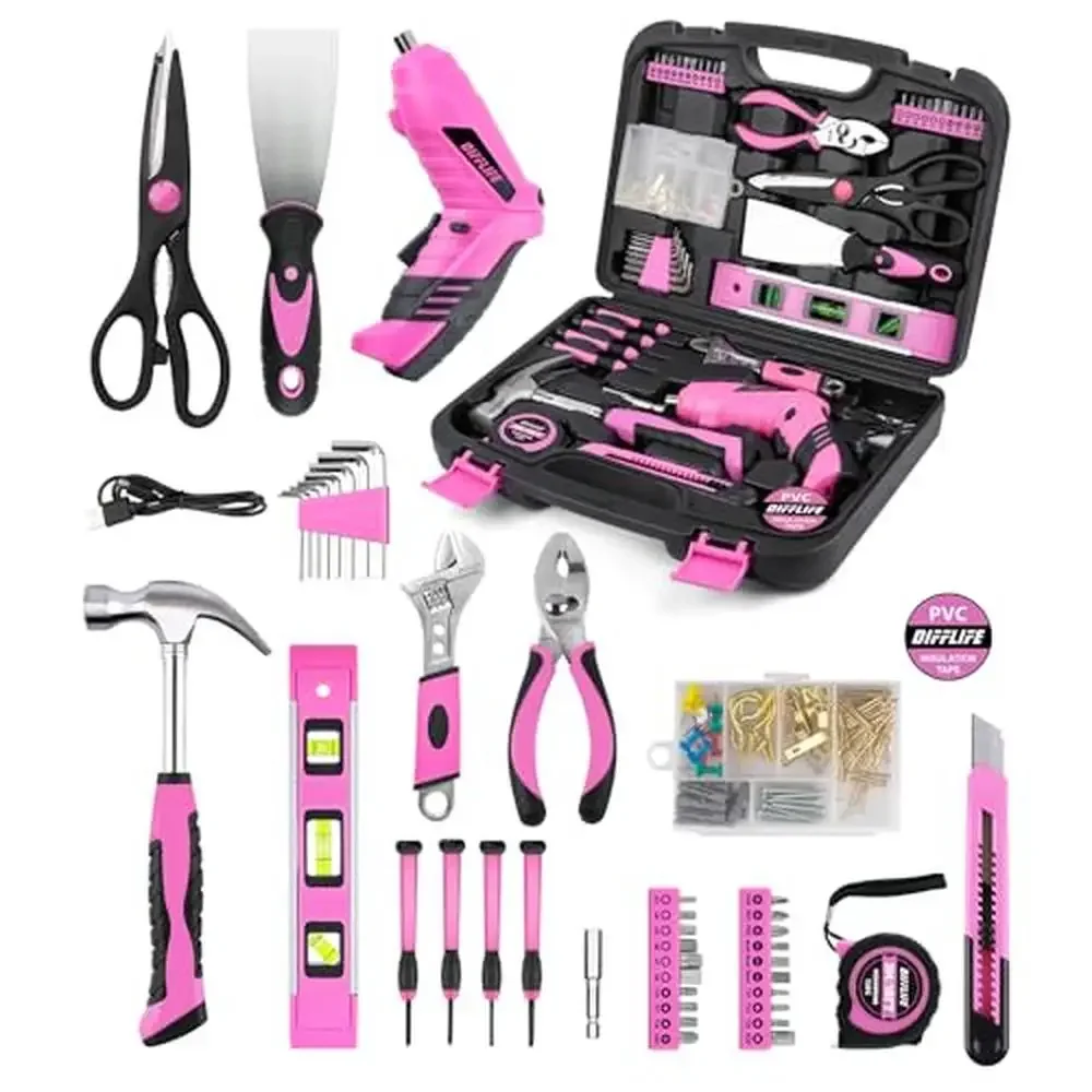 

136 Piece Pink Cordless Screwdrivers General Household Hand Tool Kit Plastic Toolbox Case- DIY Home Repair Set with Rechargeable