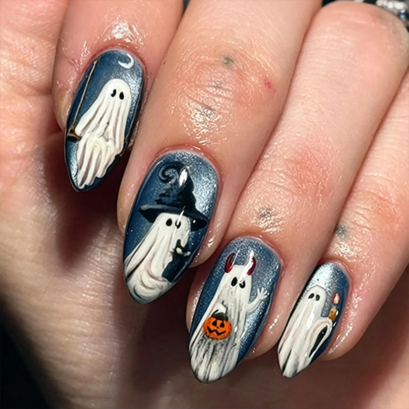 24pcs Halloween Series False Nails Wizard Hat Pumpkin Devil Horn Ribbon Ghost Pattern Press On Nails Glossy Almond Fake Nail