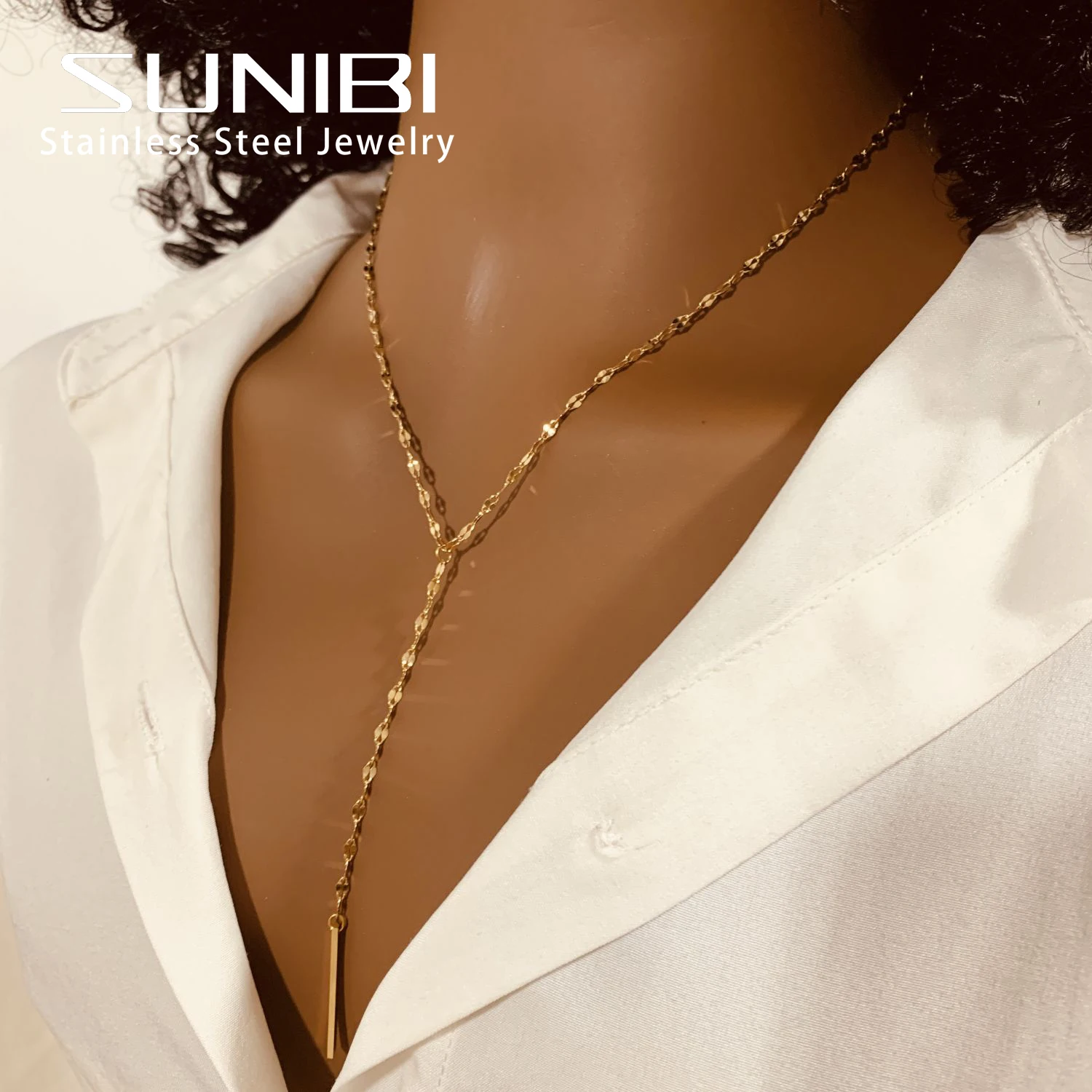 SUNIBI 316L Stainless Steel Pendant Necklace for Women Simple Long Lariat Chain Vertical Minimalist Bar Dangle Necklaces Jewelry