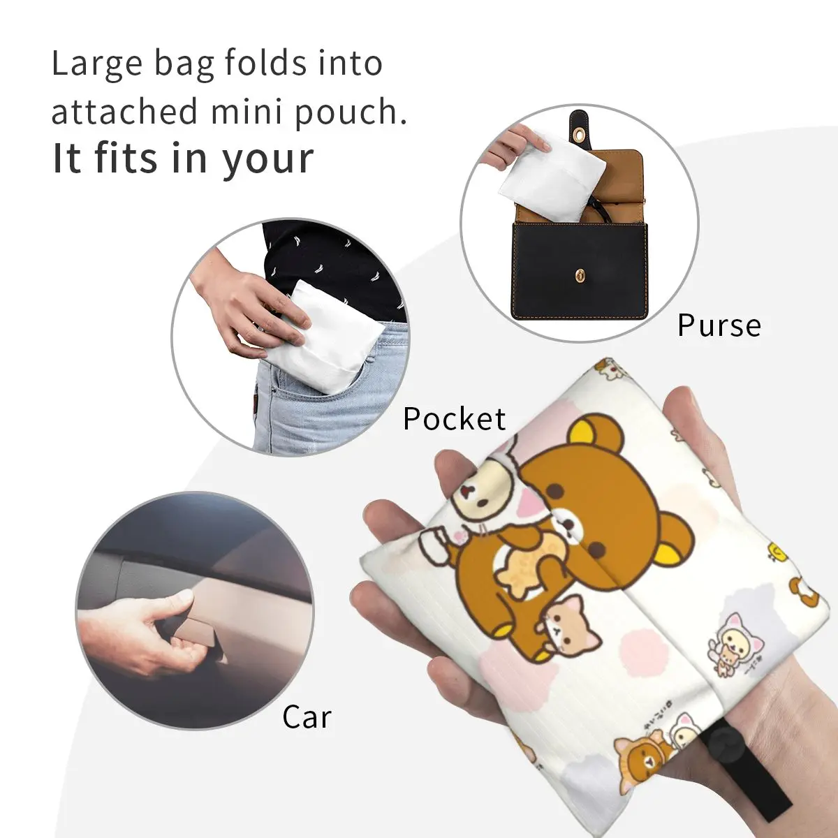 Large Reusable Cute Rilakkuma Pattern Grocery Bags Recycle Foldable Shopping Eco-Friendly Bag Washable With Pouch