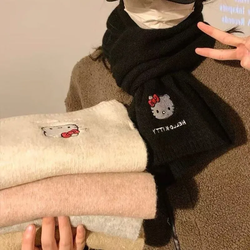 

Kawaii Sanrio Hello Kitty Knitted Woolen Scarf for Women Fashion Cartoon Cinnamoroll Winter Warm Girls Scarf Holiday Gifts