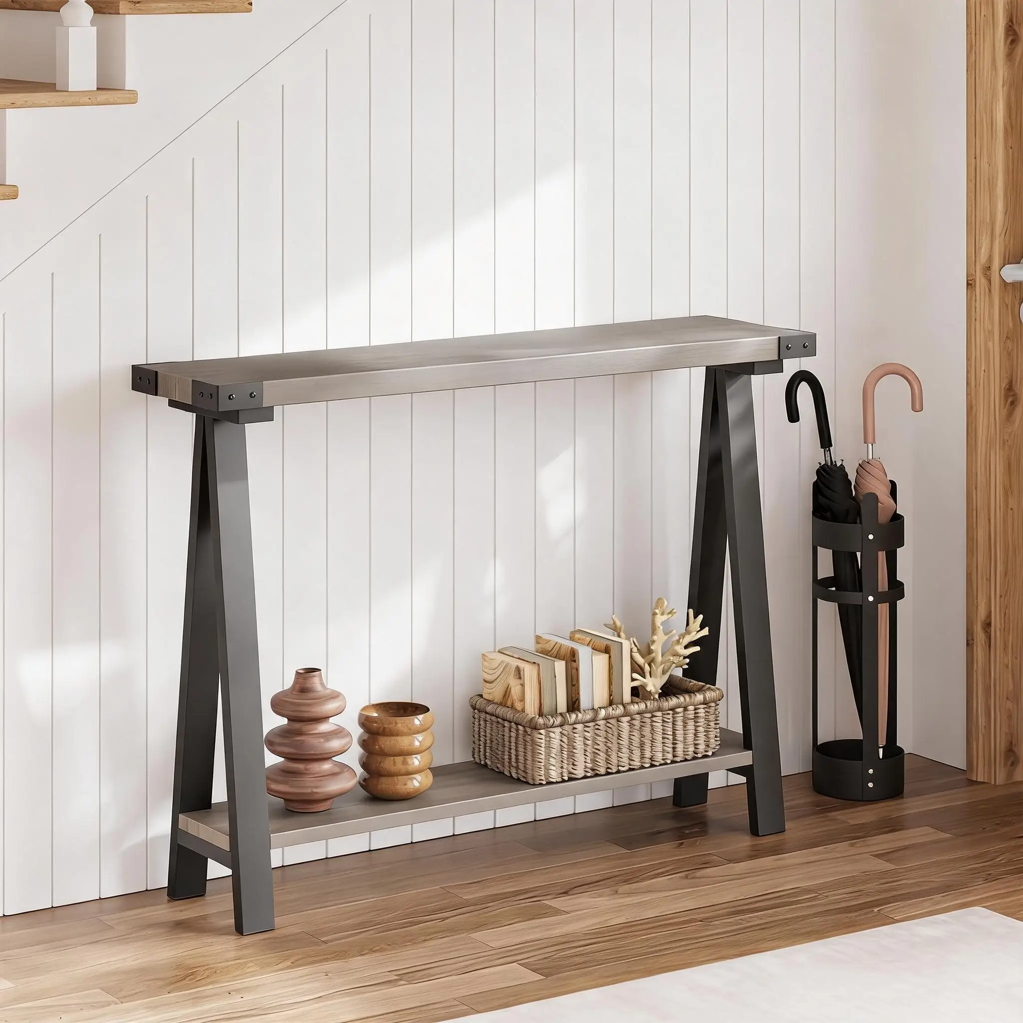 2-Tier Sofa Table, Entryway Table with Storage Shelf, V-Shaped Leg Design, Farmhouse Console Table with Metal Frame, Multipurpose Accent Furniture for Living Room Bedroom Couch Hallway