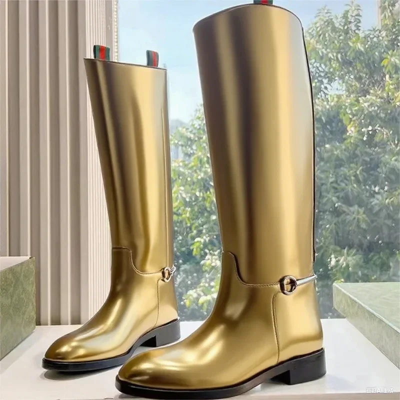 

Metal Decoration Knee High Boots Sexy Round Toe Square Heel Matte Leather New Arrivals Fashion Women Modern Boots