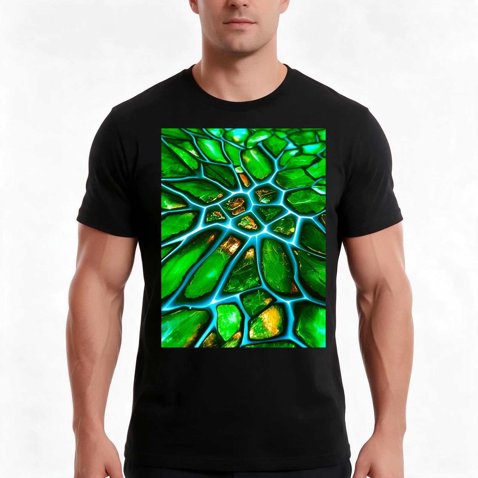 Emerald Fracture Pattern Abstract T-Shirt, Summer Casual Cotton Tee, Oversized Streetwear Tops, Vintage Graphic Print