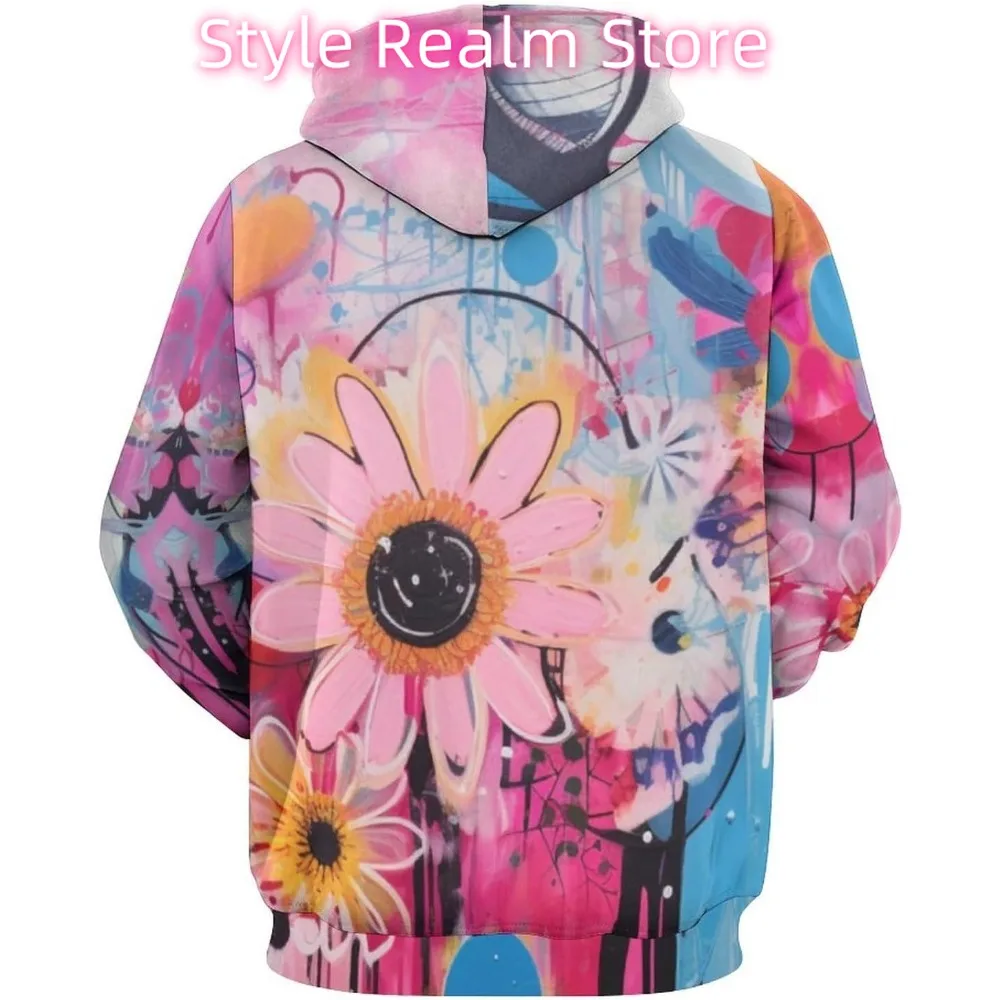 للجنسين الجدة الوردي زهرة هوديي 3D مطبوعة الفن نمط عارضة البلوز مقنعين الجيب