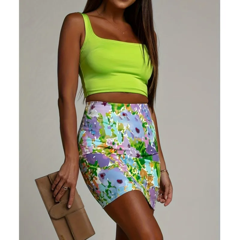 New Spring Summer Slim Two Piece Sets Fashion Solid Camisole Top Printed Skirt Suit Covering Hips Sexy Hot Girl Women's Clothing