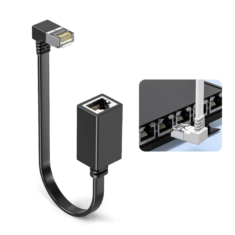 Ultra 10G RJ45 Male To Female Adapter Cord 90 Degree Flat Ultra Right/Left Angle Elbow Network Wire CAT7 Extension Cable-F(x)