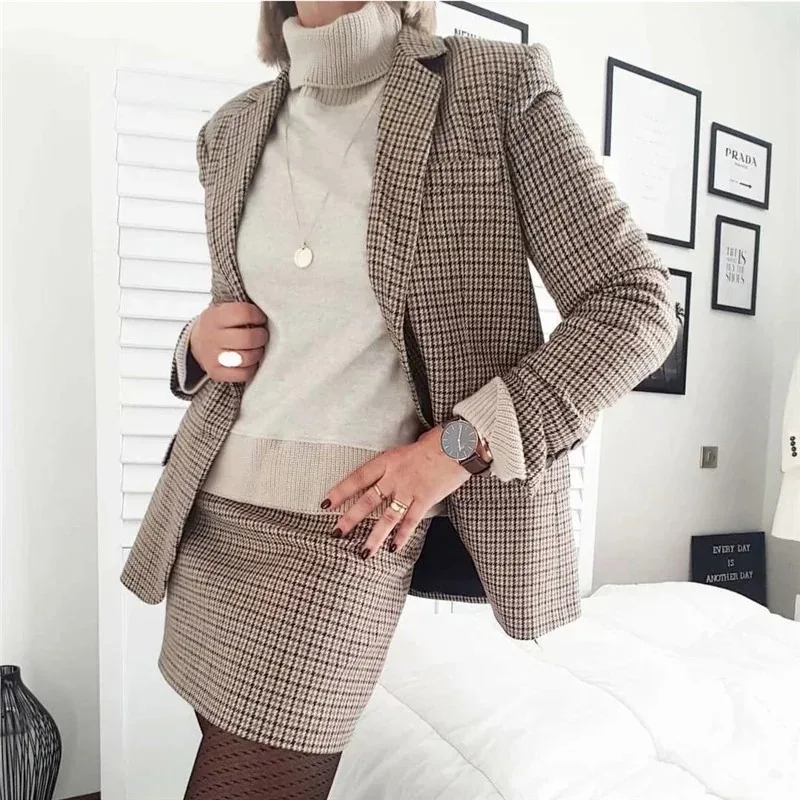 2022 Spring New Ladies Retro Plaid Single Breasted Suit Jacket Sexy High Waist Bag Hip Short Skirt Fashion Casual Women\'s Suit