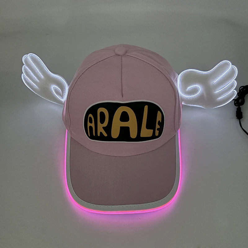 Cute Anime Dr.Slump LED Neon Hat Glowing Light Arale Baseball Cap With Angel Wings Pink Luminous Party Hat For Girl Women