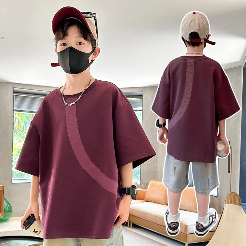 

Fashion Loose Fit Kids Boy Short-Sleeved Magenta T-shirt New Summer Children Cotton Patchwork Tshirt Tee Tops Age 5-14 Years Old