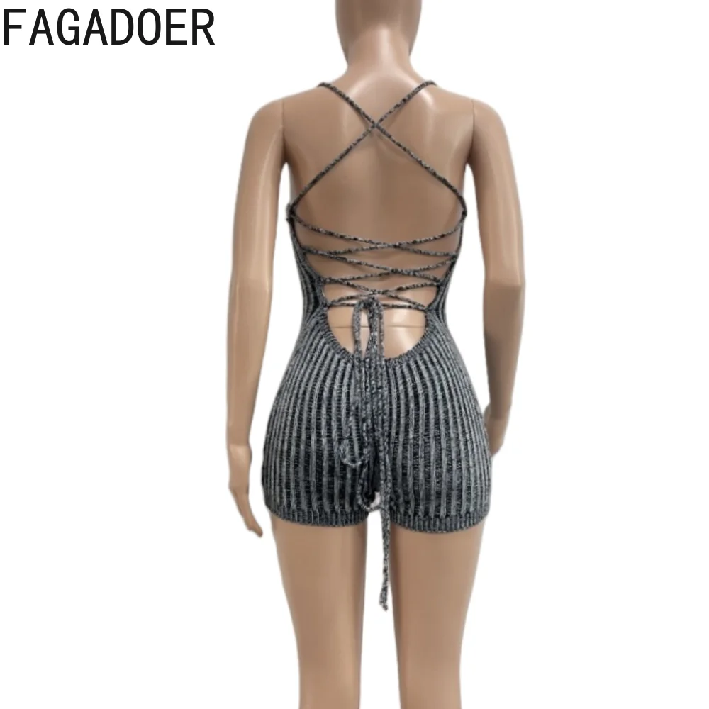 FAGADOER Fashion Knitted Stripe Printing Halter Bodycon Rompers Women Sleeveless Backless Lace Up Jumpsuits Summer Solid Overall