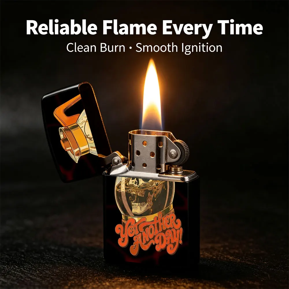 Pocket Lighter, Flip-Top Windproof Design, Skull Coffee Pot Print Metal Case, Comfortable Grip, Refillable, Portable Retro Style