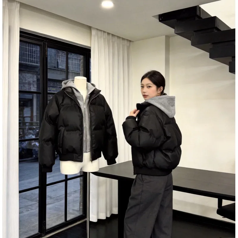 Faux Two Piece Hooded PU Leather Padded Coat Thick Short Cotton Women's Jacket Loose Outerwear Elegant Soft Female Bread Coats