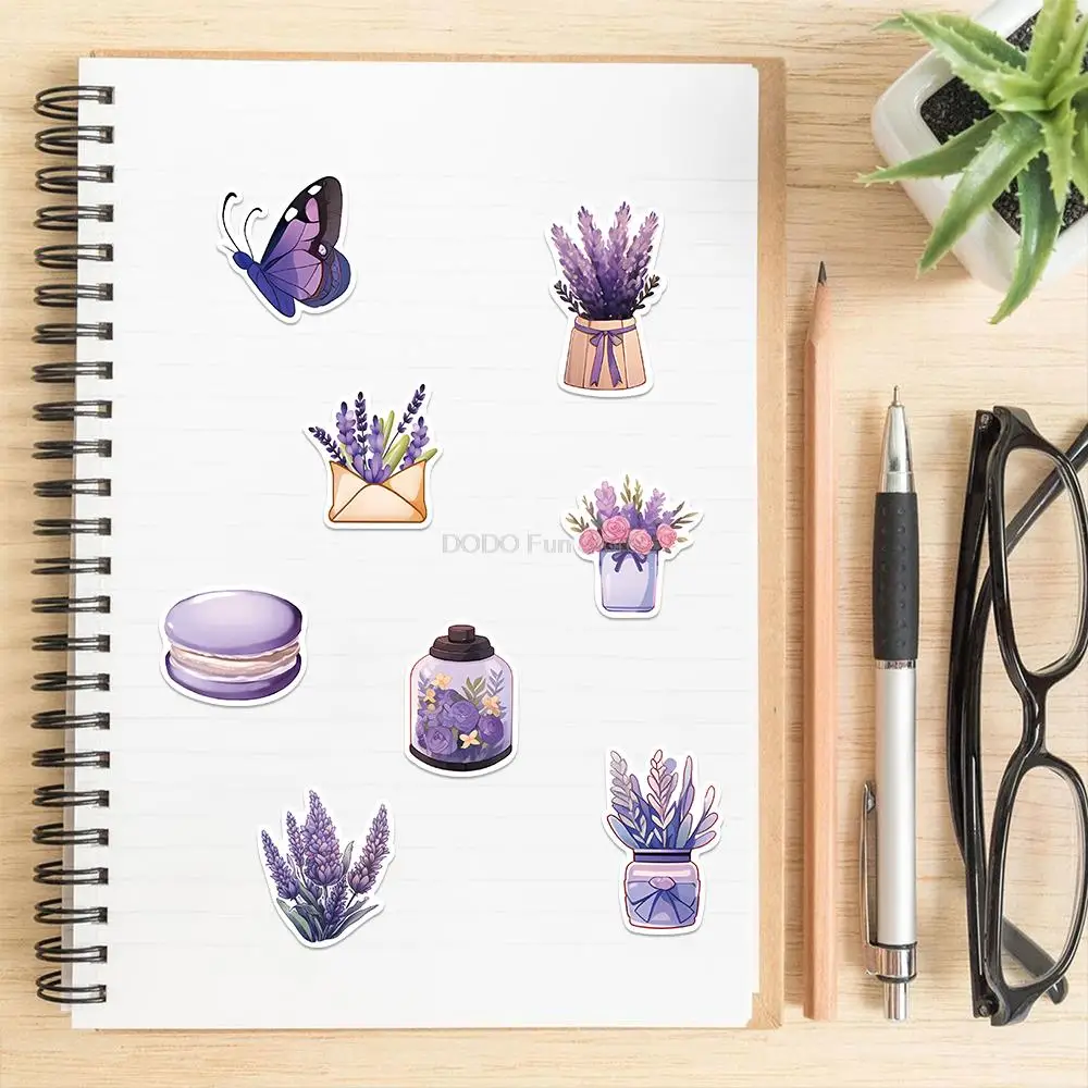 Pegatinas de flores de lavanda púrpura de dibujos animados para niños y niñas, calcomanías estéticas Kawaii para ordenador portátil, álbum de recortes, decoración para teléfono, juguetes para niños, 10/25/50 piezas