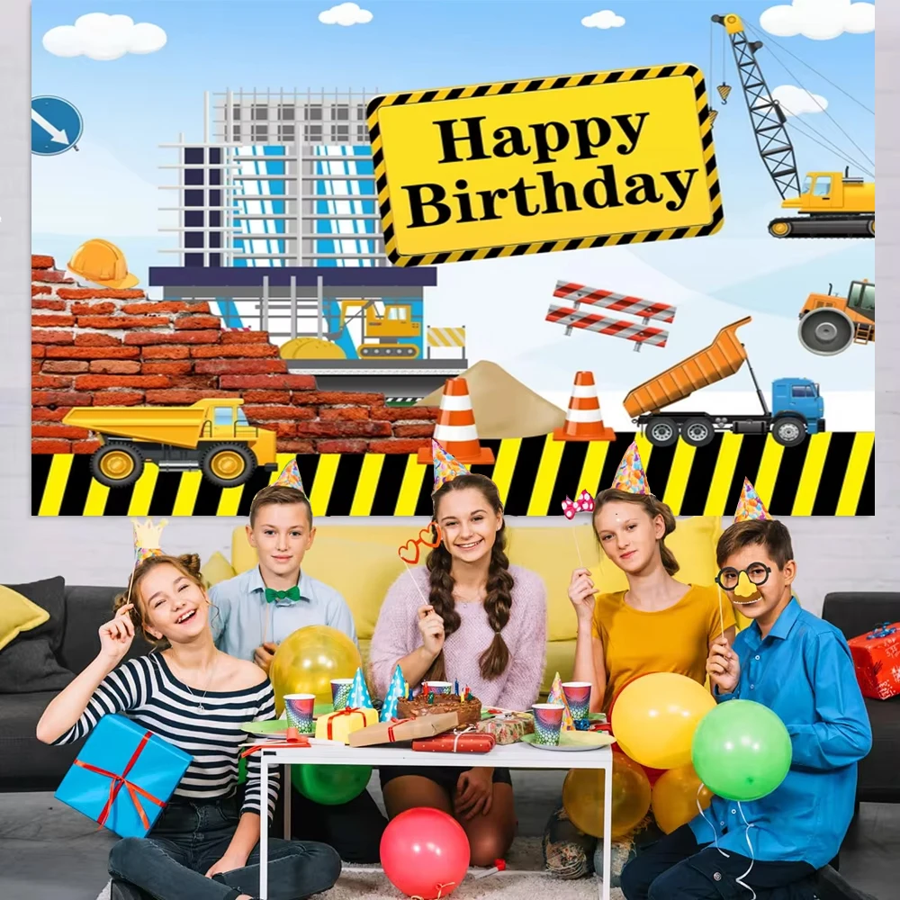 فريق البناء حفارة سيارة موضوع خلفيات للتصوير الفوتوغرافي شرائط كبيرة شاحنة قلابة مركبة عيد ميلاد استوديو الصور خلفية CH-01 #3