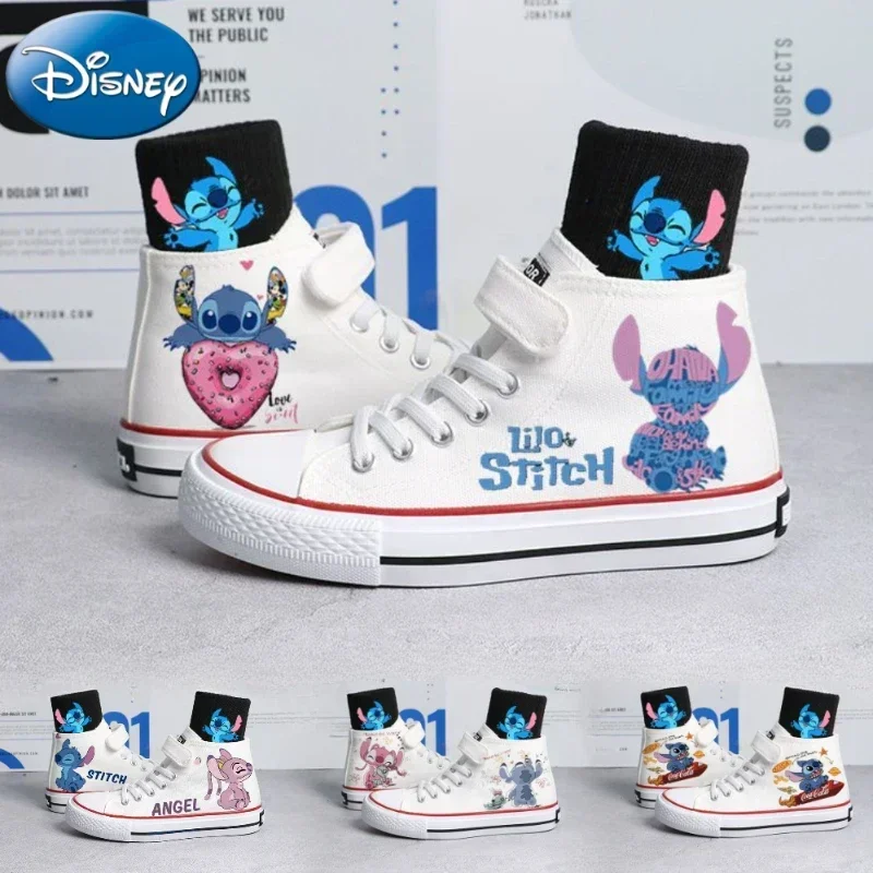 Disney Angel Stitch brezentowe buty Kawaii Cartoon dziecięce sportowe buty dla chłopców dziewczynki wysokie topy obuwie dziecięce modne trampki