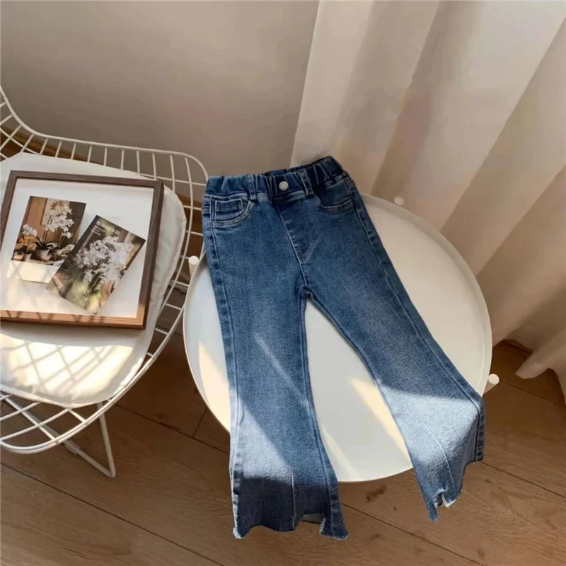 Autumn Girls Casual Denim Flared Pants Children\'s High Elasticity Fashion Outer Wearing Trousers Baby Girl Versatile Slim Jeans