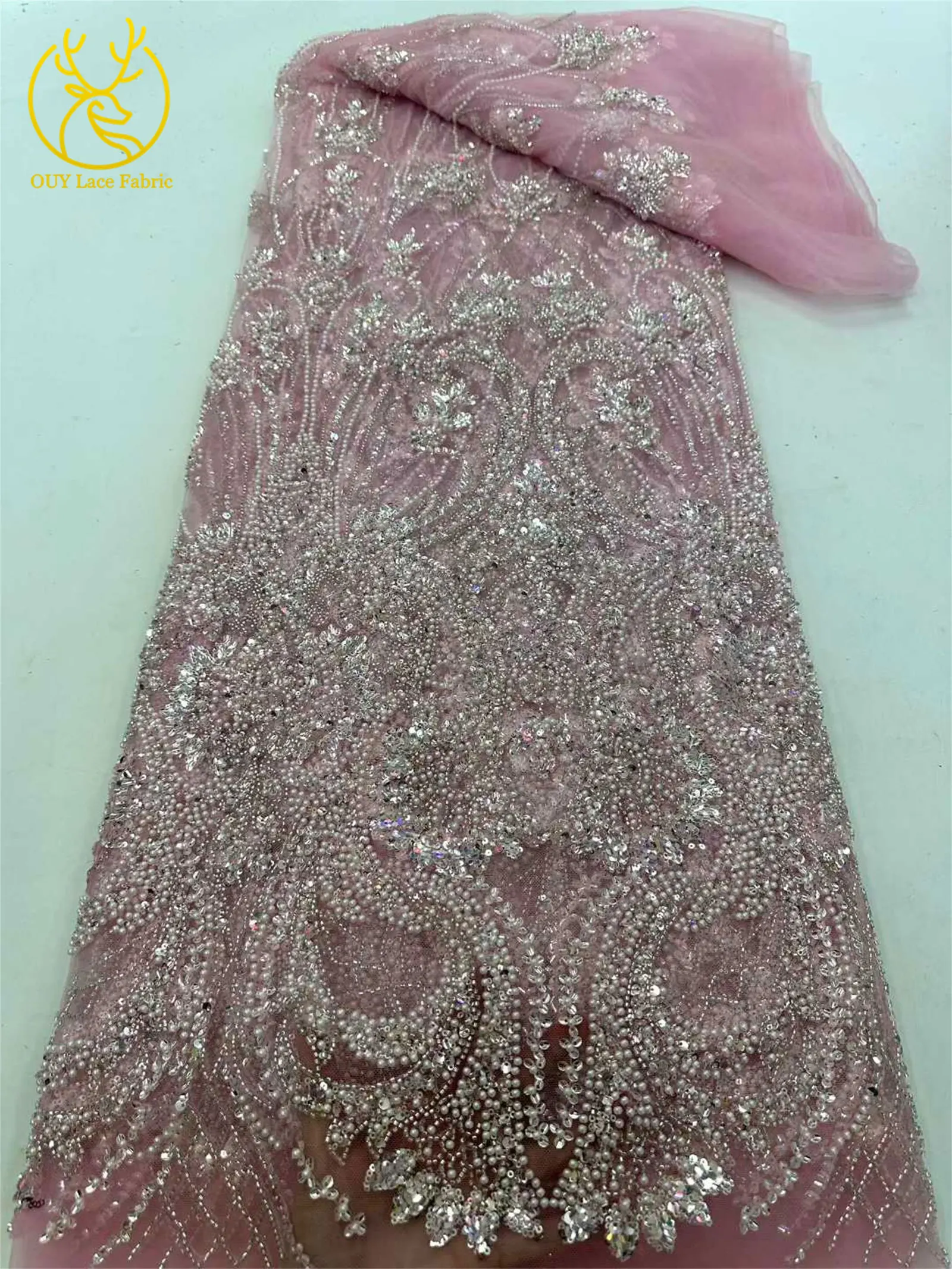 2026 Eleganter, hochwertiger afrikanischer nigerianischer Perlen-Spitzenstoff, luxuriöses französisches Pailletten-Netzgewebe, 5 Yards für Damen-Abendkleider und Partys – Detail 8
