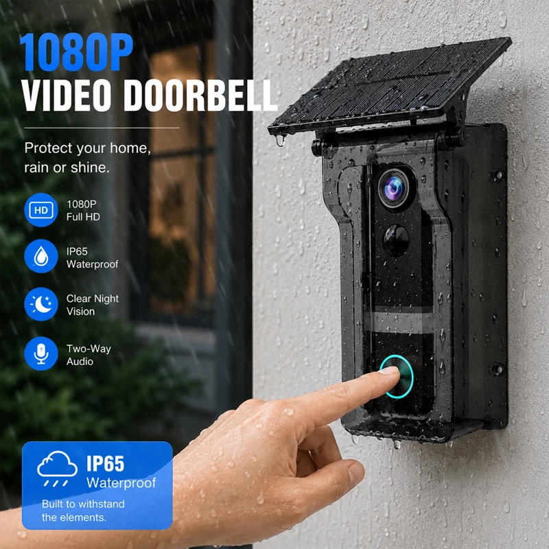 1080pワイヤレスtuya-wifiドアベルカメラ、ソーラーカバー付き、夜間視覚、双方向音声、pirモーション検知機能搭載、ホームセキュリティ用