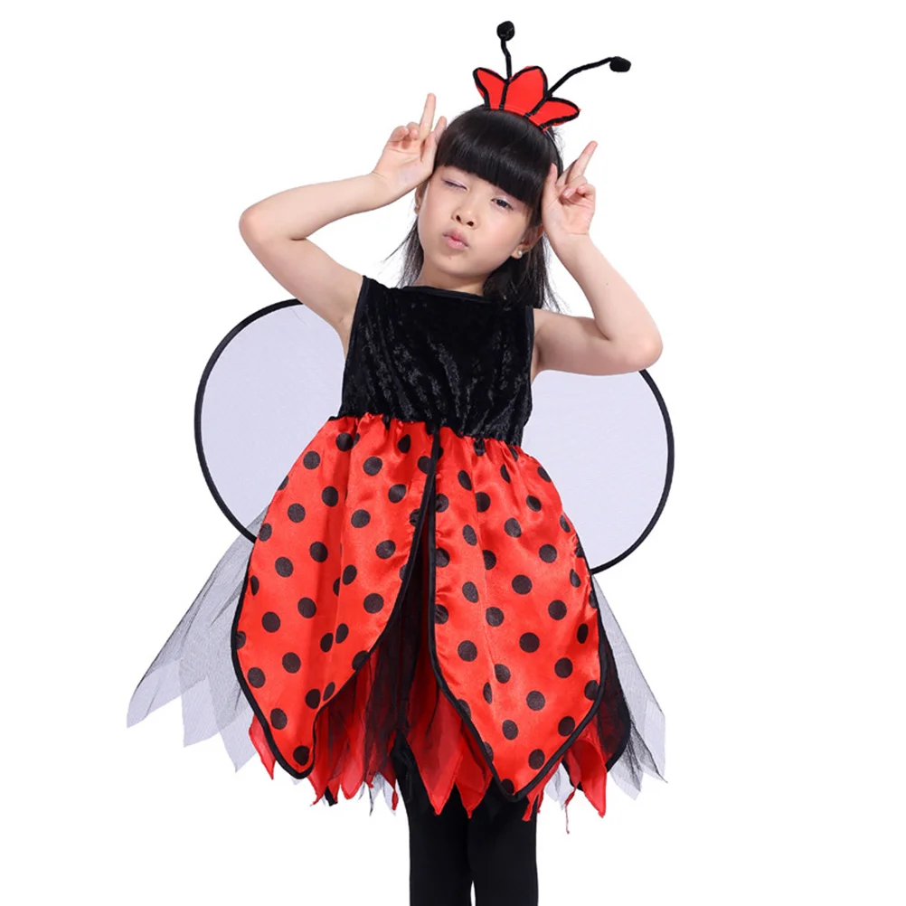 2pcs Girls Performance Costume Set Ladybug Wings Set for Kids Girls Ladybug Headband Dress Party Costume Set(Size M)