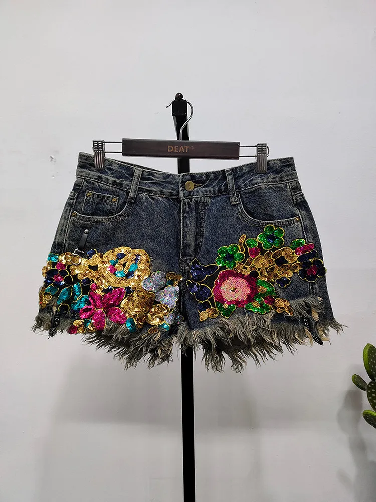 Trend Sequin Floral Burrs Hole Denim Shorts Women's Vintage High Waist Wide Leg Short Jeans Female 2024 Spring New