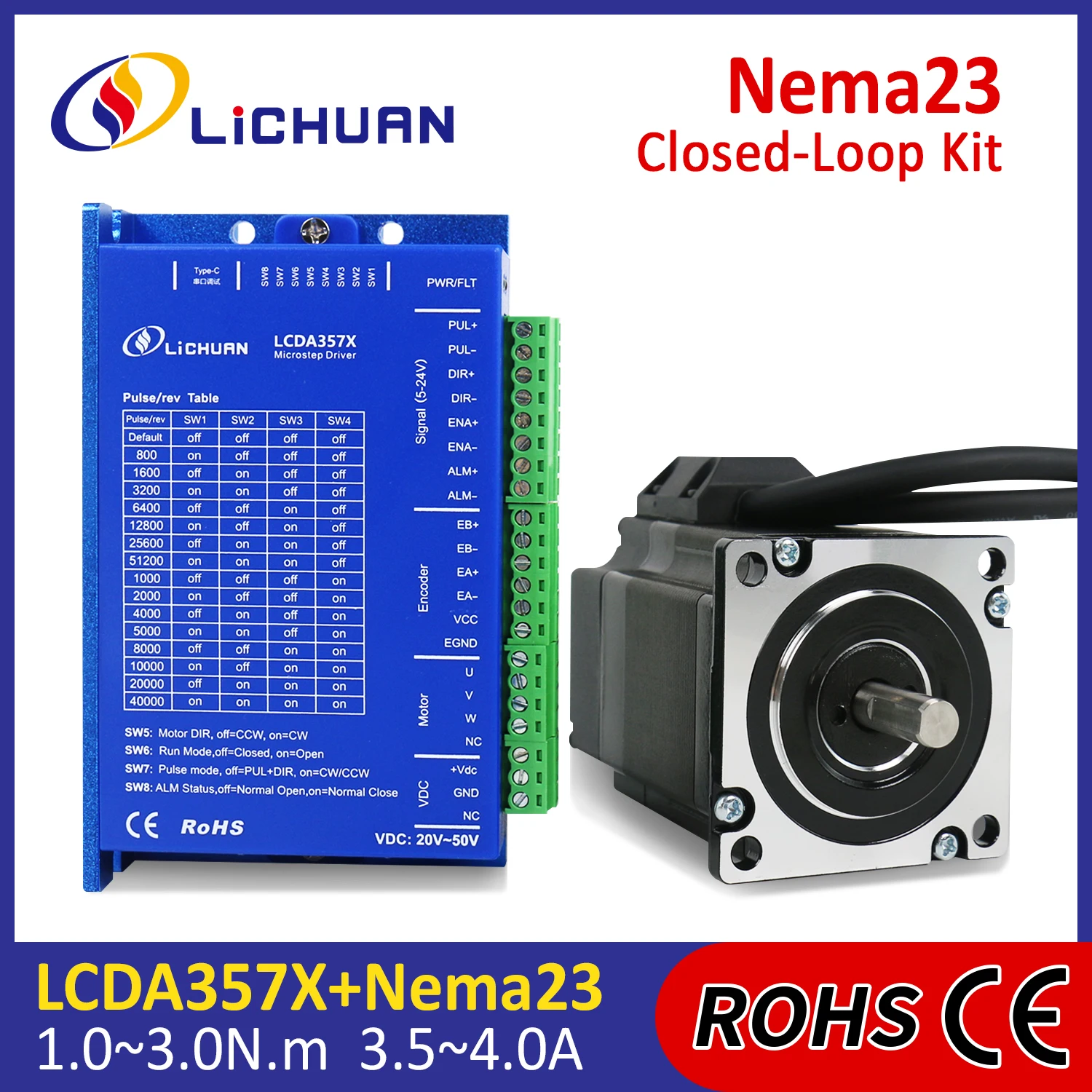 Lichuan 1000PPR DC20V~50V 3.5/4.0A Stepper Motor Controller Kit 1/2/3N.m 3 Phase Nema23 DC Closed Loop Stepper Motor Drivers Kit