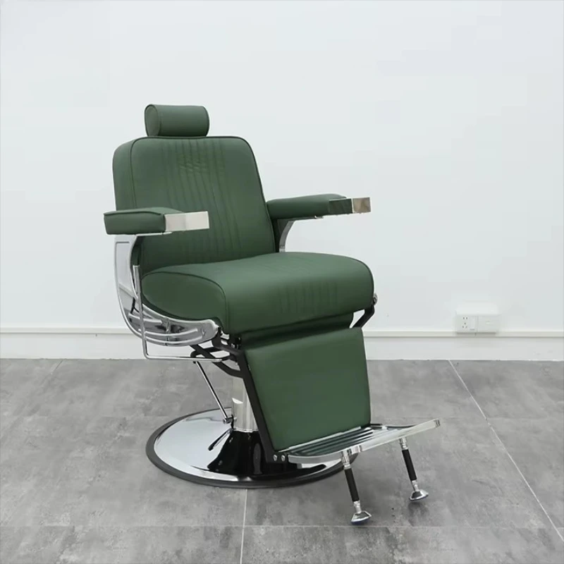 Durable Vintage Barber Chair Green Leather Metal Height Adjustable Heavy Duty Pump High Resilience Foam Salon Chair