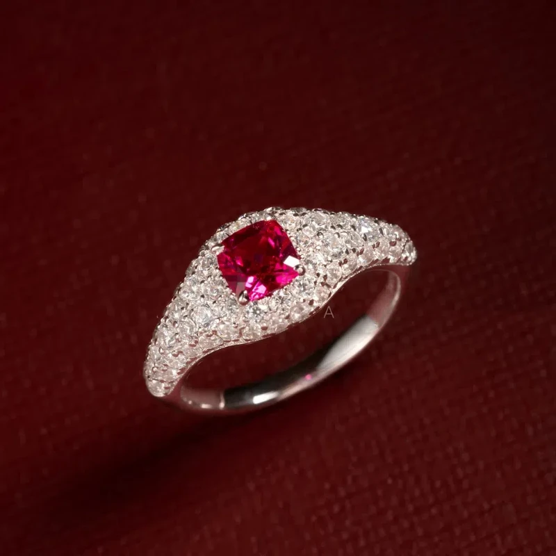 Gem Seal  Luxury Full Diamond Lab Grown Ruby Ring Women's Jewelry Set 925 Pure Silver Gold Plated Versatile for Daily