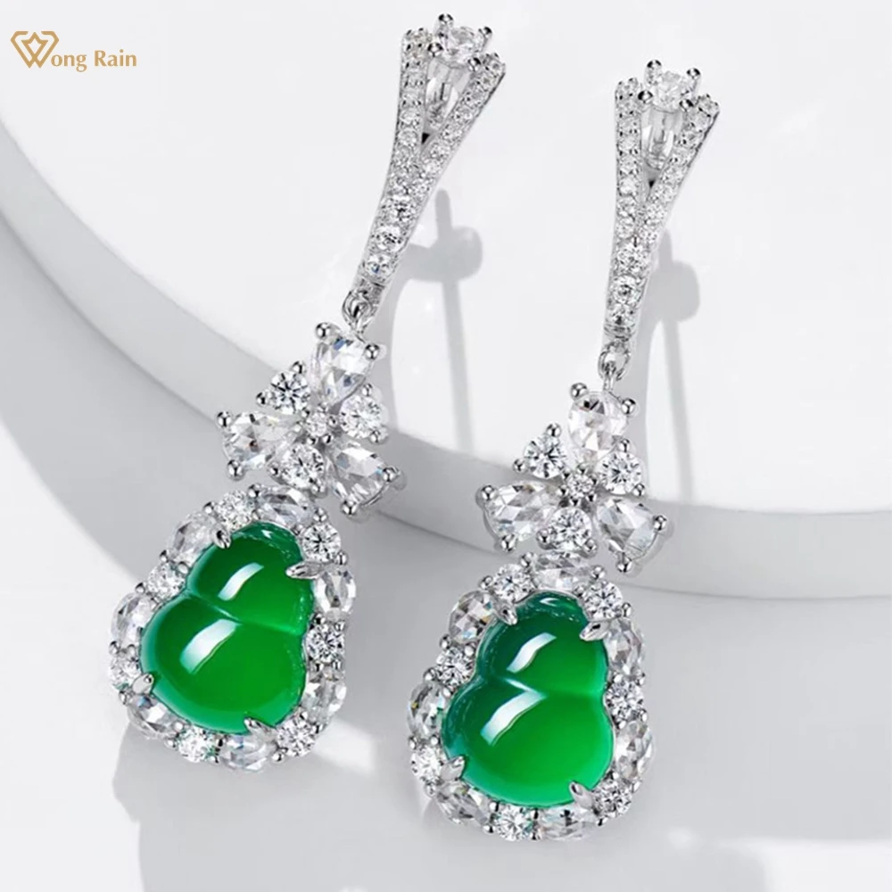 

Wong Rain Vintage 100% 925 Sterling Silver 9*11 MM Natural Green Jade High Carbon Diamond Gems Drop Dangle Earrings Fine Jewelry