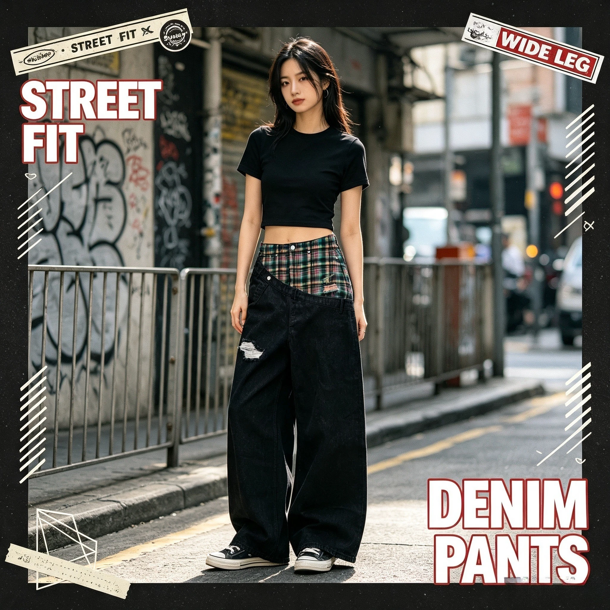 Vintage Diagonal Plaid Patchwork Loose Jeans Y2K Slanted Runway Unisex Hip Hop Streetwear American Rock Basketball Jeans Men