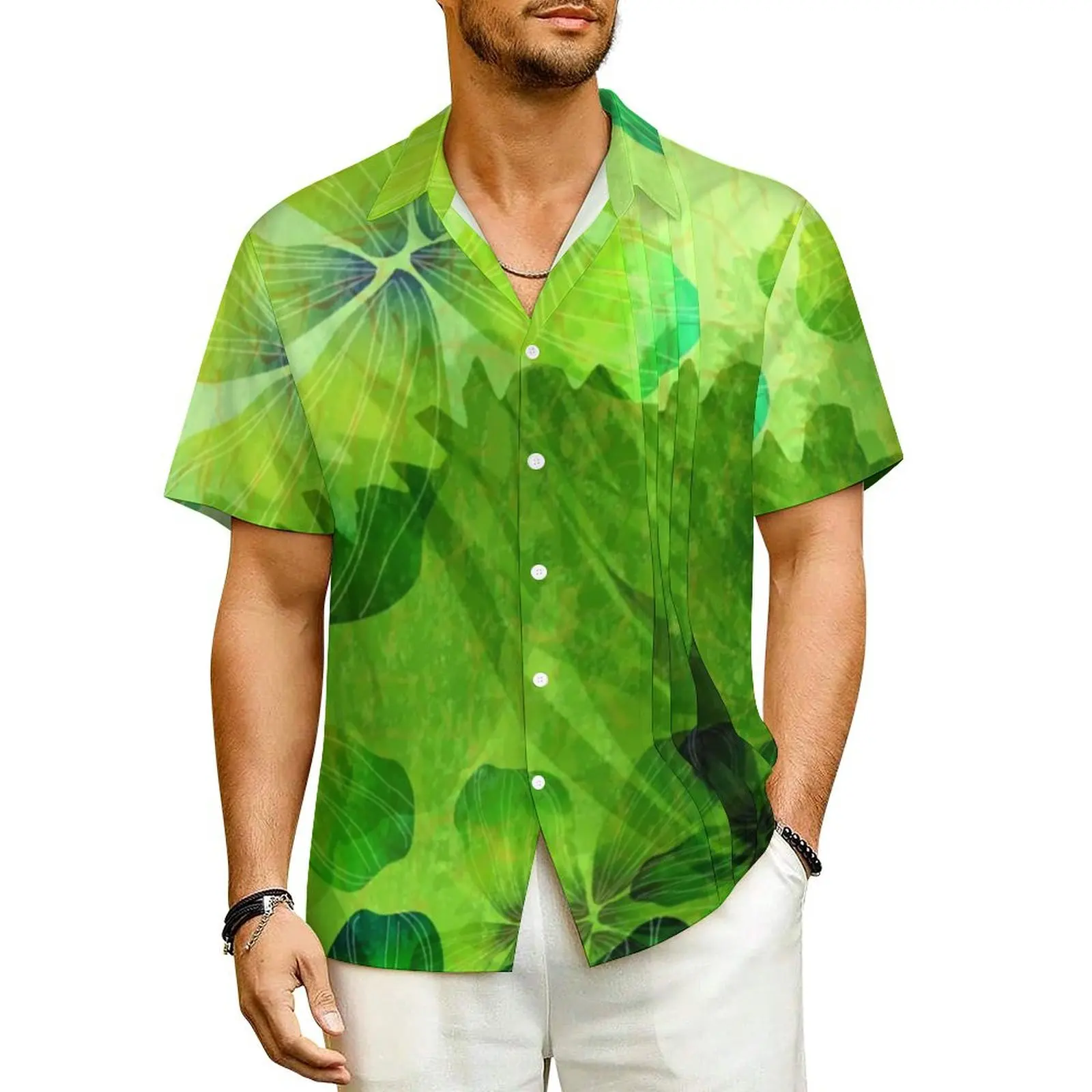 

Watercolor Floral Casual Shirt Green Flower Print Retro Summer Shirts Male Short Sleeves Beach Street Style Plus Size Blouses