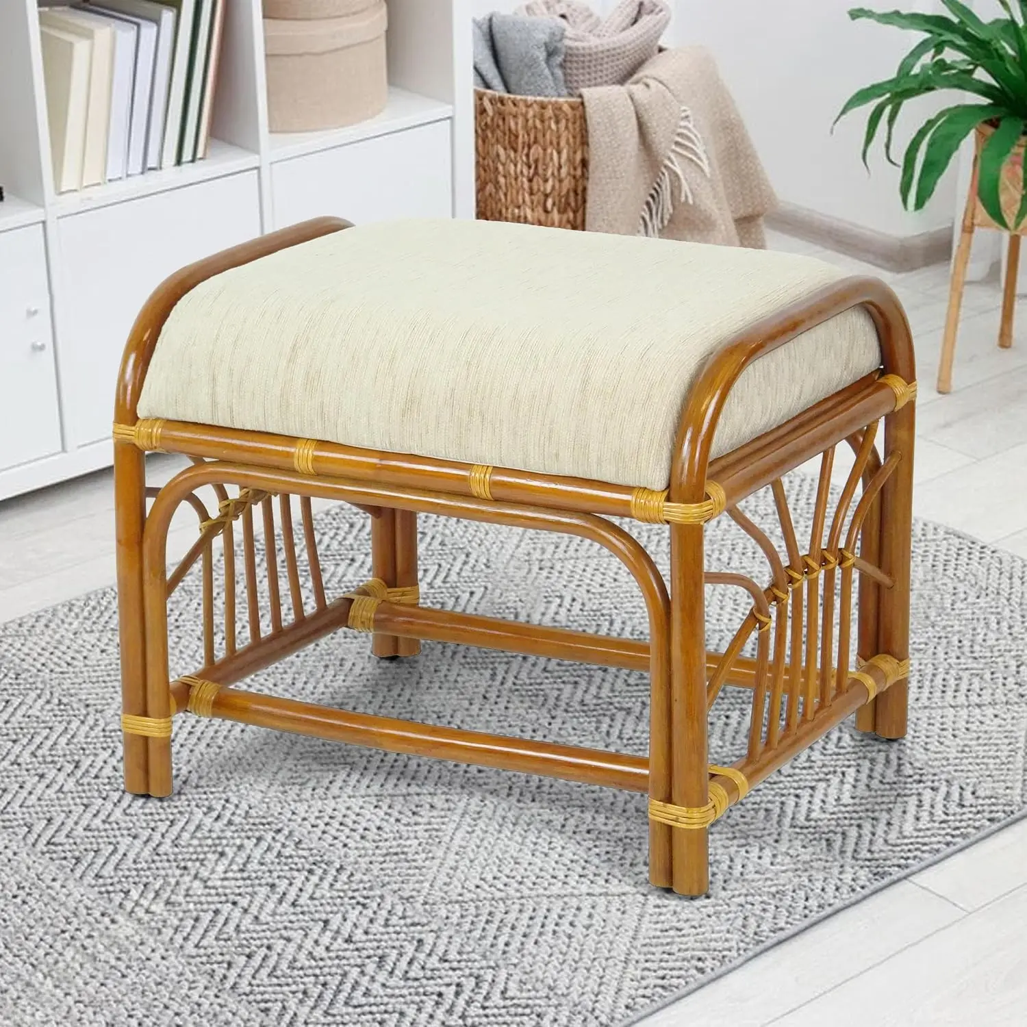 Handmade Rattan Wicker Ottoman Footstool with Cushion Fully Assembled, Customized