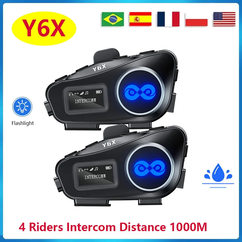 

1/2 Pcs Y6X Motorcycle Bluetooth Helmet Intercon Headset FM Radio 4 Riders Talking Distance 1000m Music Sharing IP56 Waterproof