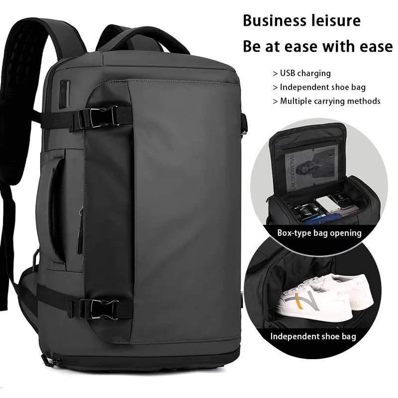 Large-Capacity Travel Bag, Box-Style Open-Pocket Backpack, Independent Shoe Storage Bag, Business Laptop Bag, Breathable and Weight-Reducing Backpack with USB Port