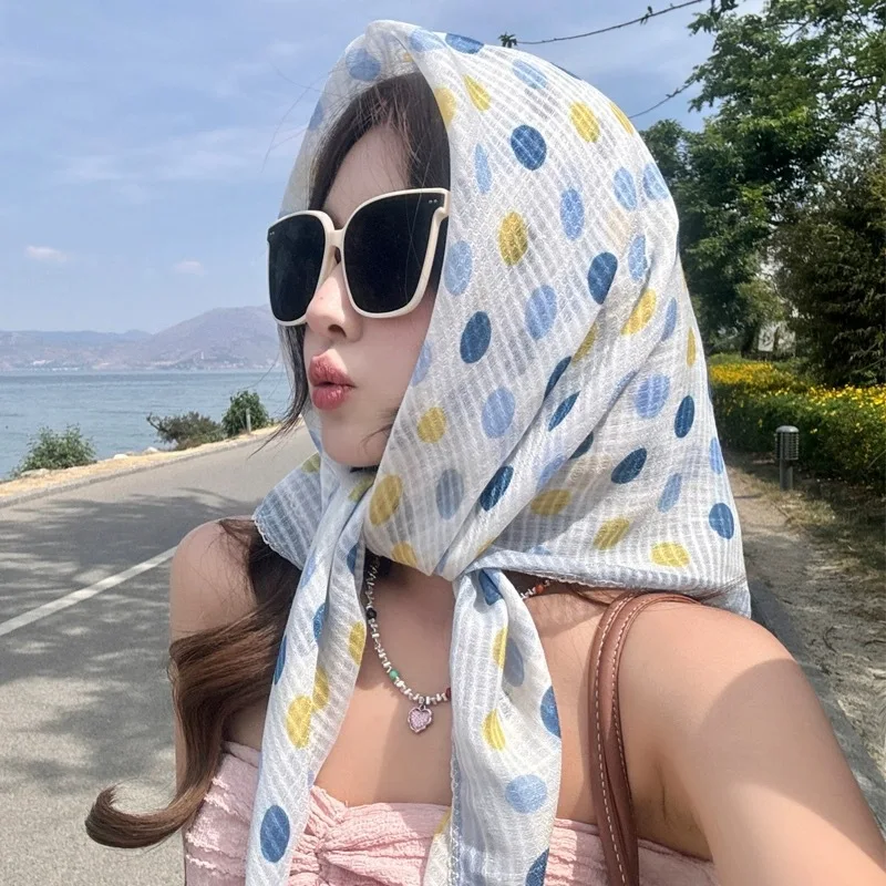 

Women's cotton and linen polka scarf90x90cmLightweight four-season square scarf, folded headscarf, neck scarf,