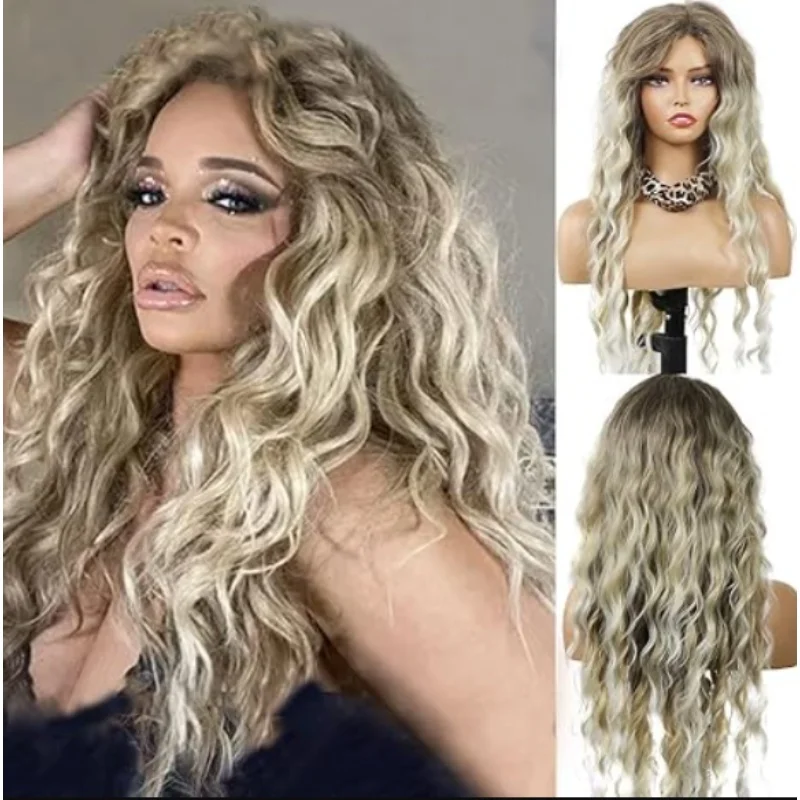

High Quality Natural Free Part Wig Ash Blonde Brown Curly Wig Soft Hairline Synthetic Medium Length Dark Roots Wig Layered Wig