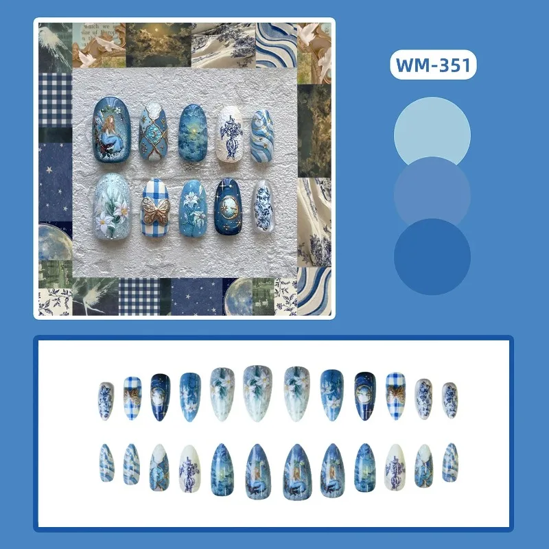 24 Stück Glänzende Blaue Mandel-Kunstnägel mit Traumhaftem Blumenmuster, Retro-Karomuster, Französische Falsche Nägel, Tragbare Süße Nagelspitzen zum Aufkleben mit Design
