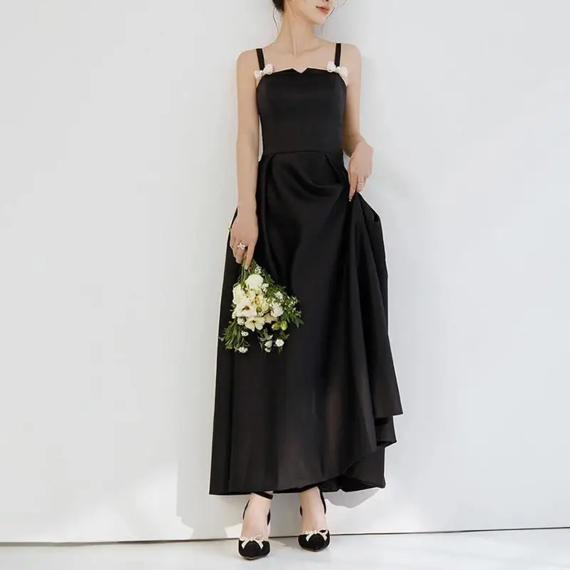 

Sweet Bow Spaghetti Straps Wedding Dresses Elegant A Line Ankle-length Vestidos De Novia Black Satin Simple Sukienka Na Wesele