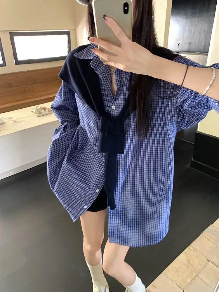 

Blue Plaid Casual Women's Shirt Korean Style Loose Fit Autumn New Arrival Fashion Set Two Pieces Long Sleeve Student Uniform