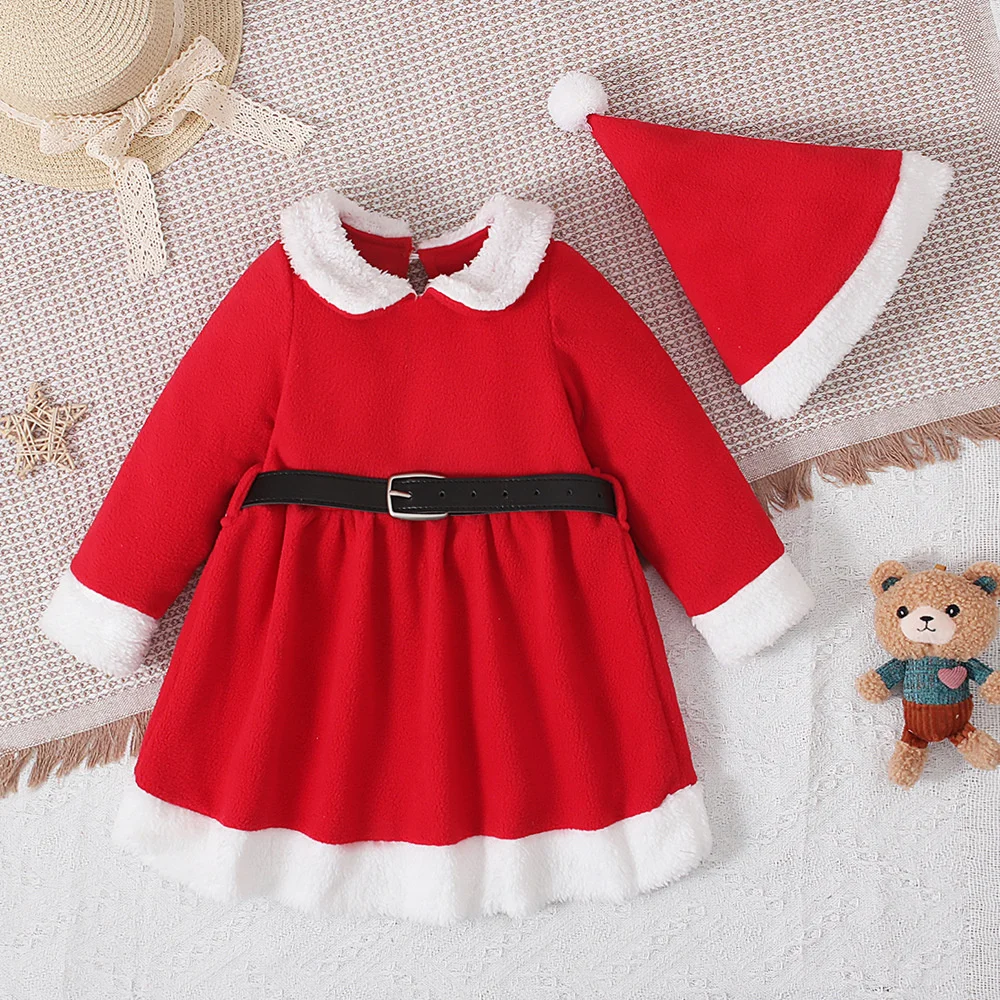 

Kids Baby Girls Christmas Party Dress Red New Year Santa Claus Costume Toddler Girls Dresses Children Winter Clothes with Hat