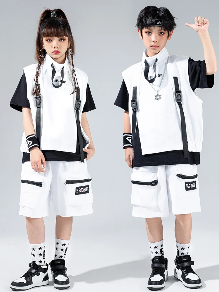 Kids Hip Hop Dance Costume White Vest Shorts Functional Set Girls Jazz Clothes Boys Street Dance Performance Clothing BL13312