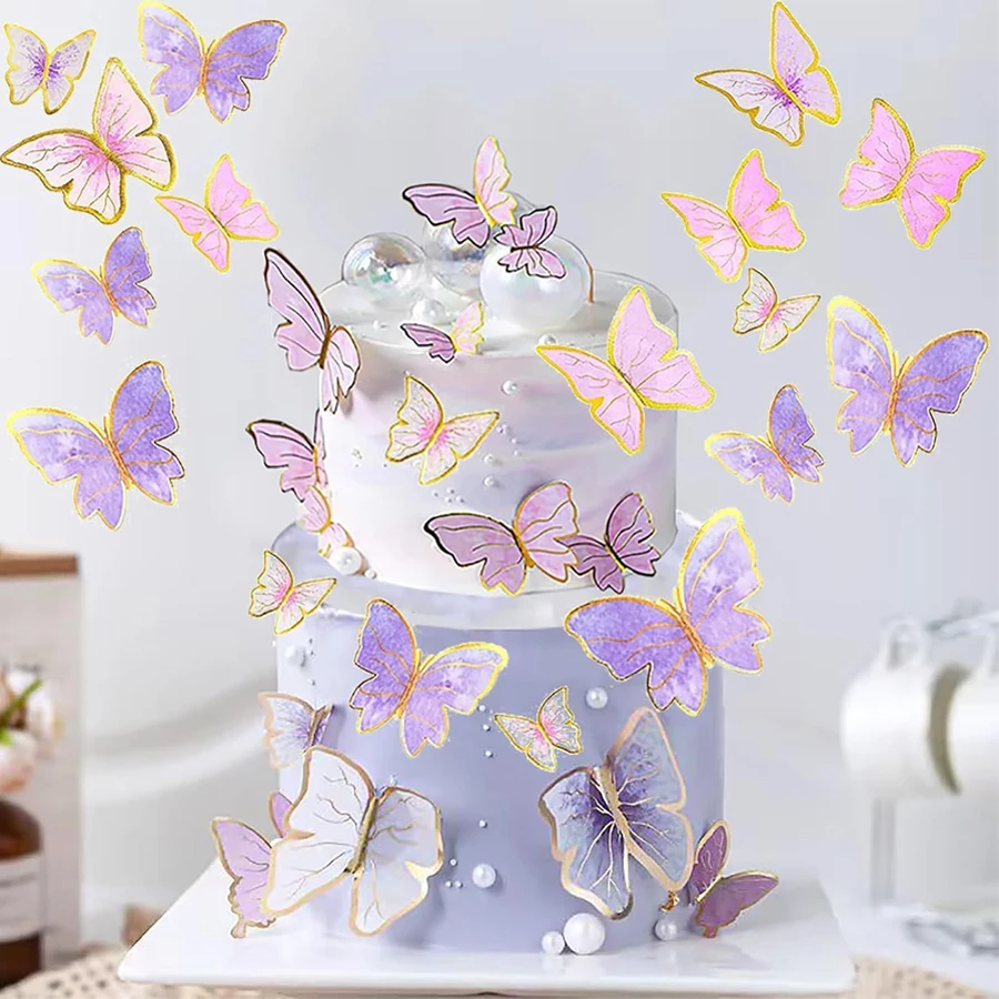 50 Pcs/5 Sets Golden Edged Butterfly Cake Decoration 3D Cupcake Decoration Birthday Cake Plugin