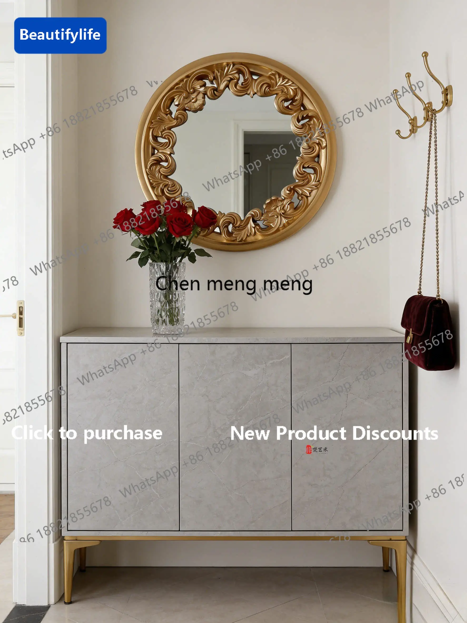B567 Französischer geschnitzter Retro-Schminkspiegel im europäischen Luxusstil, runder Wandspiegel, kreativer Esszimmer- und Eingangsbereichspiegel