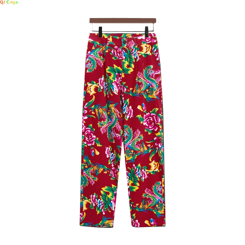 Red Men's Printed Suit Pants, Fashion Casual Trousers, Black Nostalgic Style Pantalones Hombre M-5XL Cotton Pant